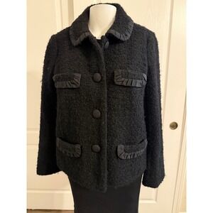 J.Crew Black Wool Boucle Jacket Satin Trim Ruffle Pocket Blazer RN77388 Size 8